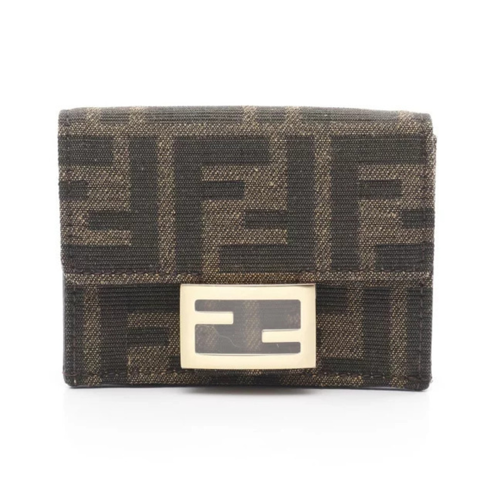 Fendi Baguette Zucca Tri fold Wallet Canvas Leather Brown